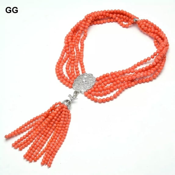 EOEMY 6 Strands 5mm Orange Coral Necklace Coral Pendant Necklace 20"