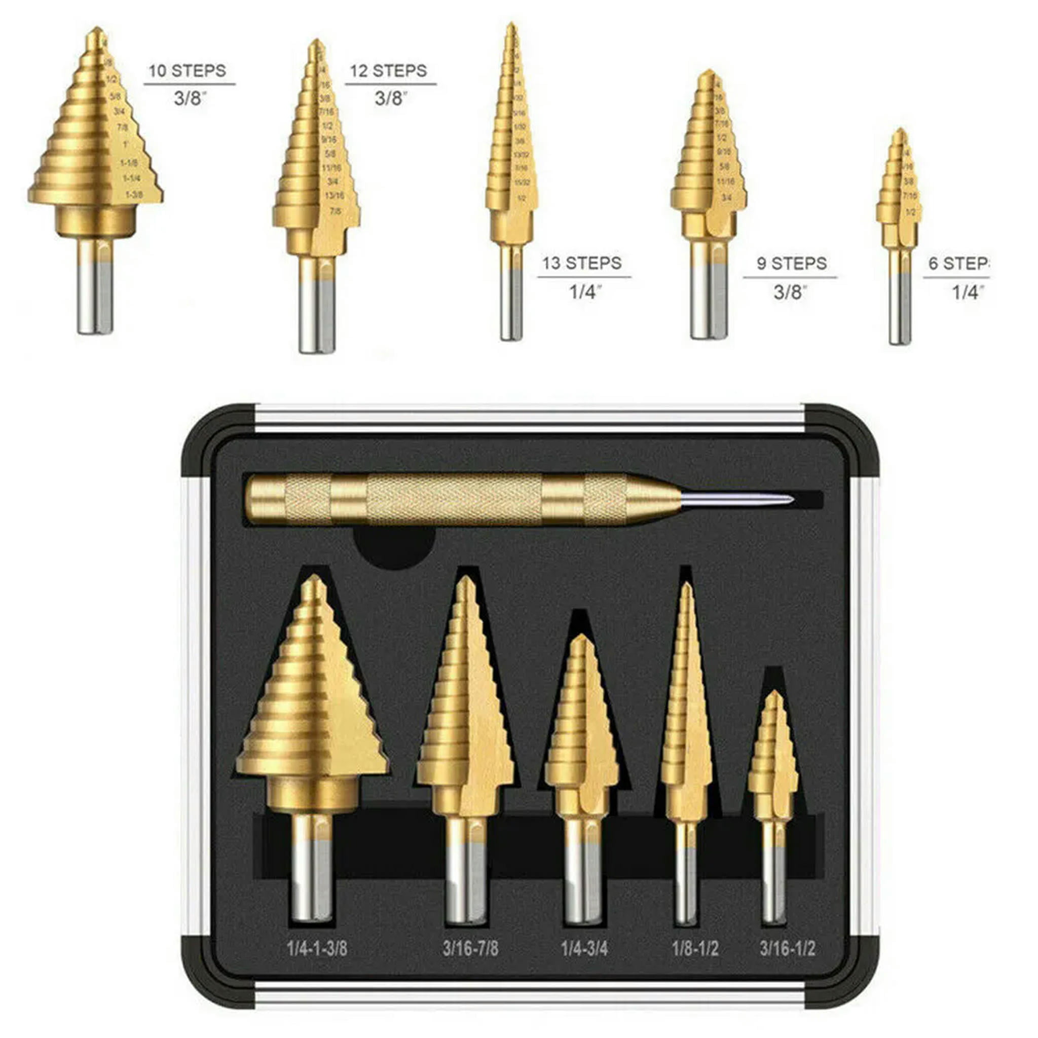 EOEMY 6Pcs Hss Step Cone Cutting Drill Titanium Steel Metal Hole Cutter Bit 4-32mm Set