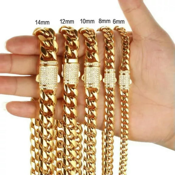 EOEMY 6mm-14mm Mens Miami Cuban Link Chain Solid Stainless Steel Necklace Or Bracelet-Gold-8mm-40Inch Or 101Cm