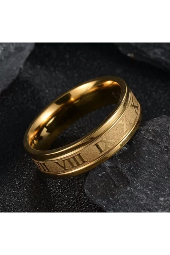 6mm Silver/Gold/Black Roman Numerals Ring Mens Stainless Steel Punk Band Sz 7-13