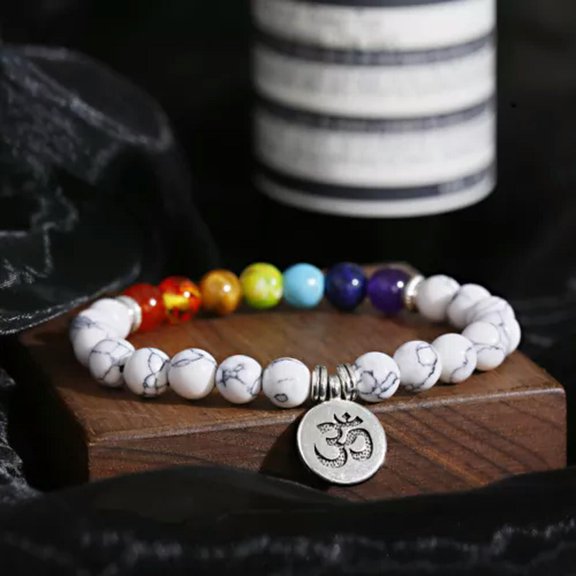 EOEMY 7 Chakra Natural Gemstone Yoga Beads Reiki Healing Beaded Stretch Bracelet Charm-White Turquoise