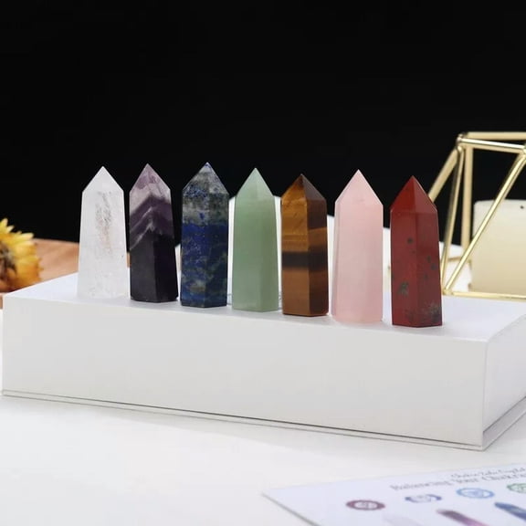 EOEMY 7 Chakra Natural Quartz Crystal Gemstone Obelisk Reiki Point Wand Pillar + Box