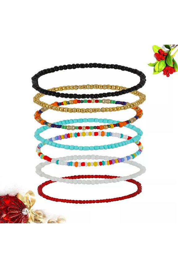 7 Pcs Beach Anklet Bracelet Locket Contrasting Beads Stretch Pendant