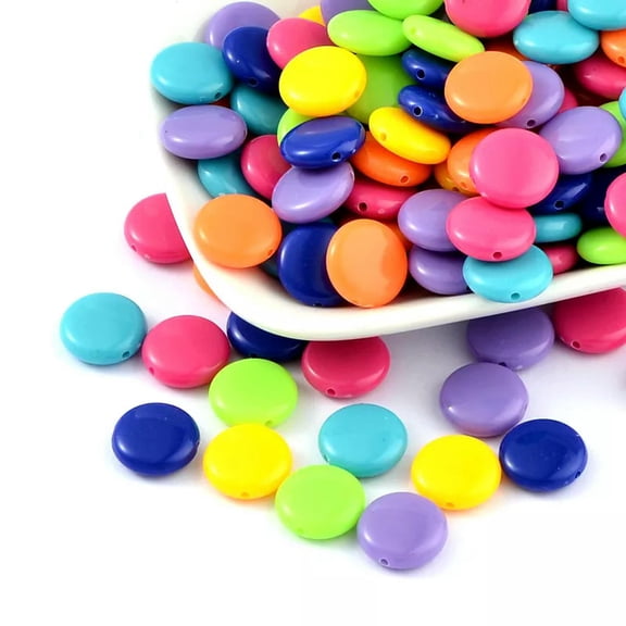 EOEMY 700Pcs/500G Colorful Acrylic Beads Flat Round Solid Loose Candy Bead Smooth 14mm