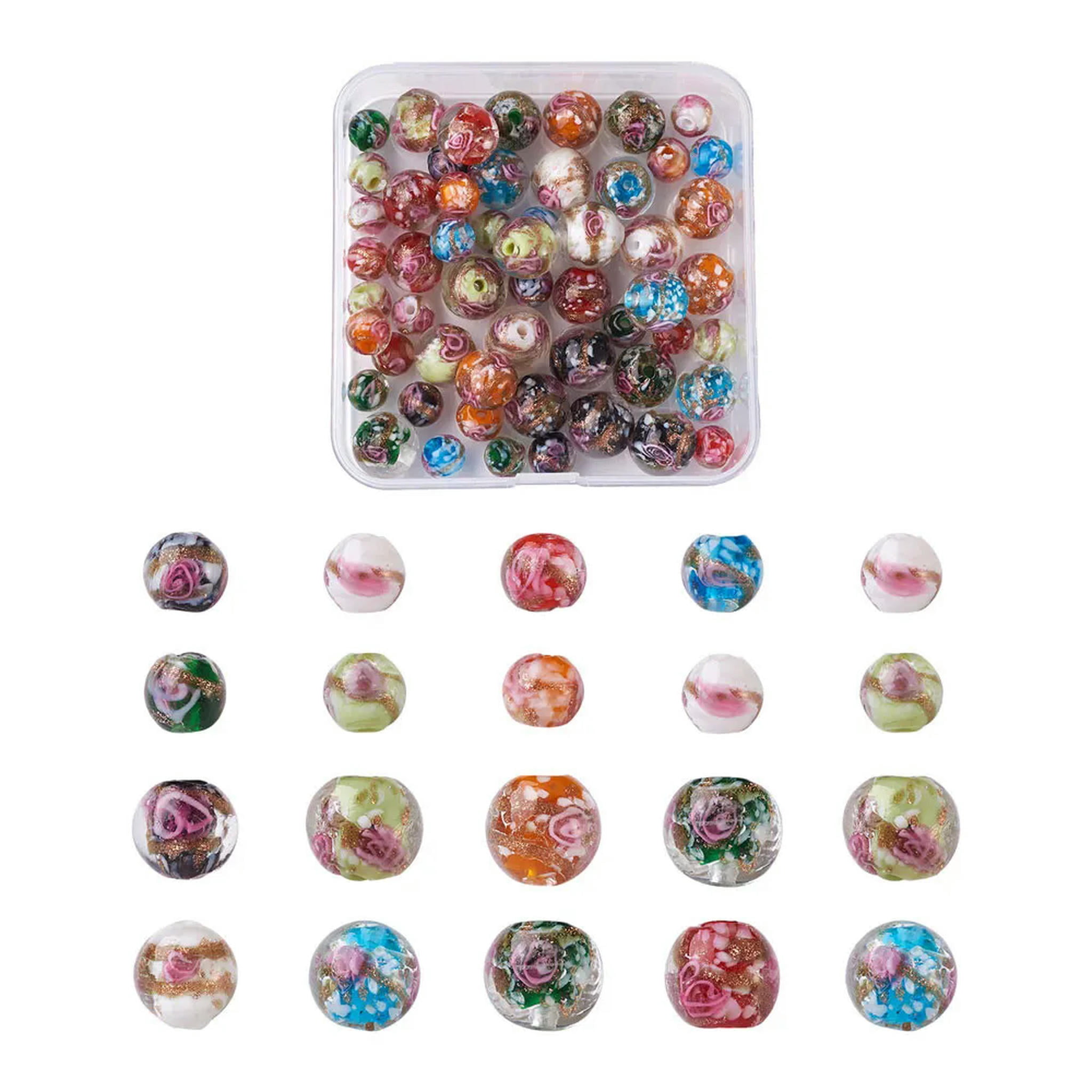 EOEMY 70Pcs Round Handmade Gold Sand Lampwork Beads Inner Flower Loose Spacer 8~12.5mm