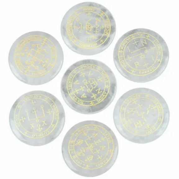EOEMY 7Pc/Set Natural Crystal Engraved Palm Stone Round Magic Archangel Amulet Healing-Clear Quartz