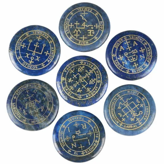 EOEMY 7Pc/Set Natural Crystal Engraved Palm Stone Round Magic Archangel Amulet Healing-Lapis Lazuli