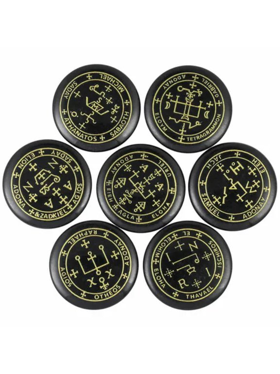 7Pc/Set Natural Crystal Engraved Palm Stone Round Magic Archangel Amulet Healing-Obsidian