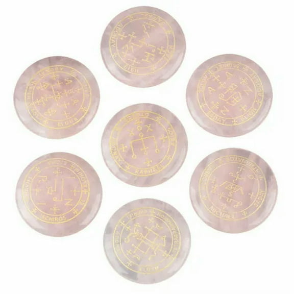 EOEMY 7Pc/Set Natural Crystal Engraved Palm Stone Round Magic Archangel Amulet Healing-Rose Quartz