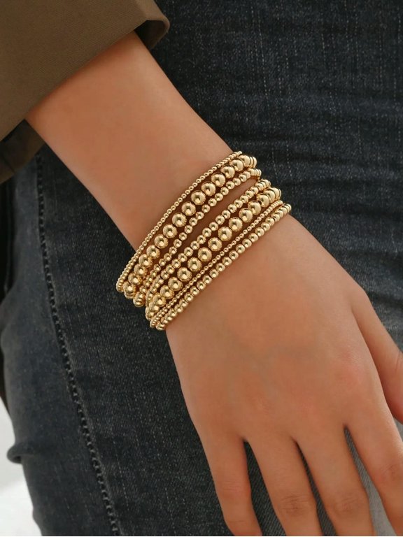 7Pcs/Set Gold Color Beads Minimalist Beaded Bracelet Women Bracelet Stackable-Default