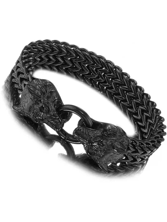 8.66" Silver/Black/Gold Stainless Steel Link Chain Wolf Bracelet Men'S Wristband-Black