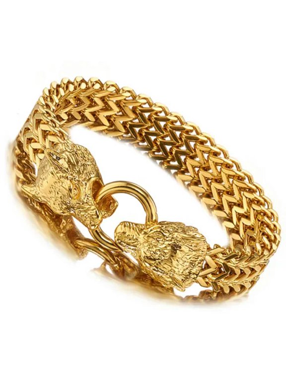 8.66" Silver/Black/Gold Stainless Steel Link Chain Wolf Bracelet Men'S Wristband-Gold