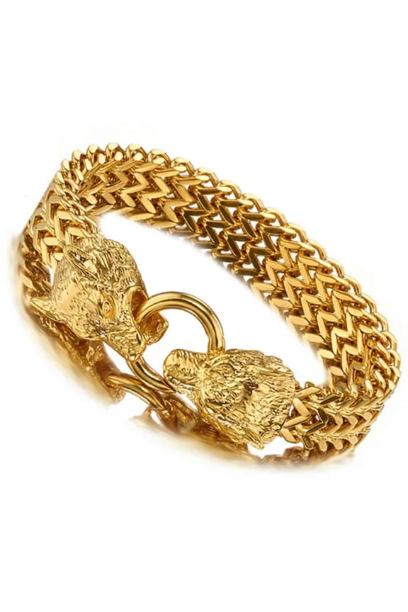 8.66" Silver/Black/Gold Stainless Steel Link Chain Wolf Bracelet Men'S Wristband-Gold