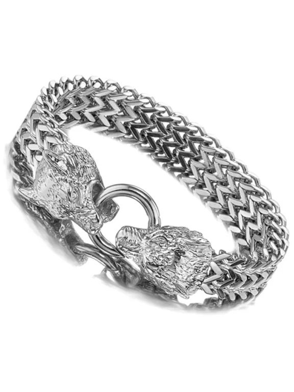 8.66" Silver/Black/Gold Stainless Steel Link Chain Wolf Bracelet Men'S Wristband-Silver