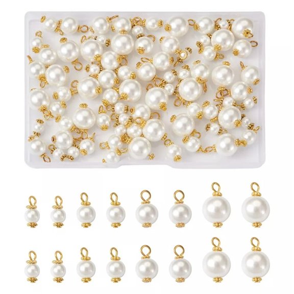 EOEMY 80Pc White Dyed Glass Pearl Pendants Round Mini Dangle Charm Ornament 12.5~19mm