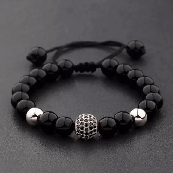 EOEMY 8mm Black Lava Stone Beads Bracelet Set Skull Men Bracelets For Women Jewelery-Silver Zicron Balls