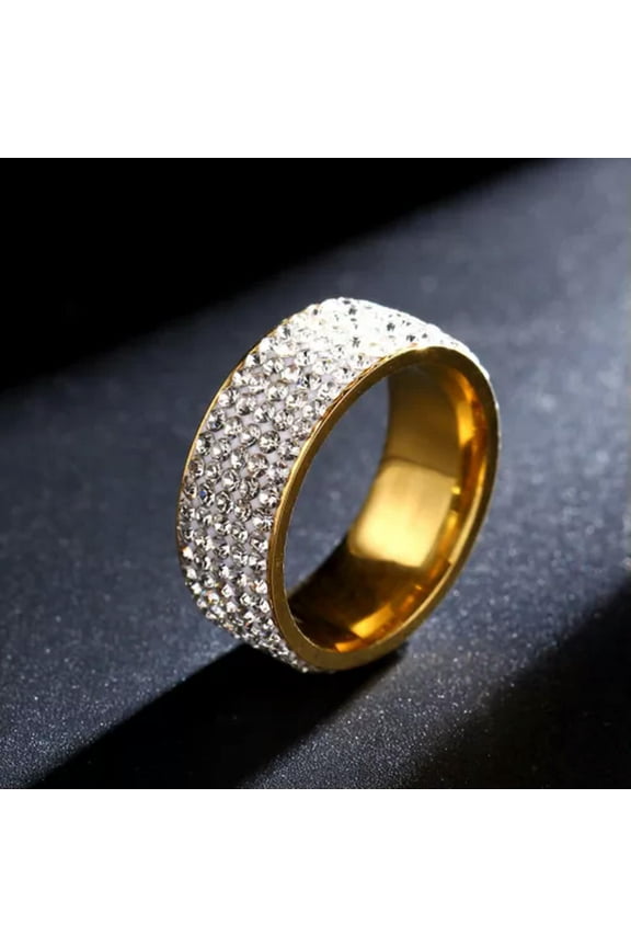 8mm Five Rowes Crystal Silver Gold Bands Women'S Stainless Steel Ring Size 6-12