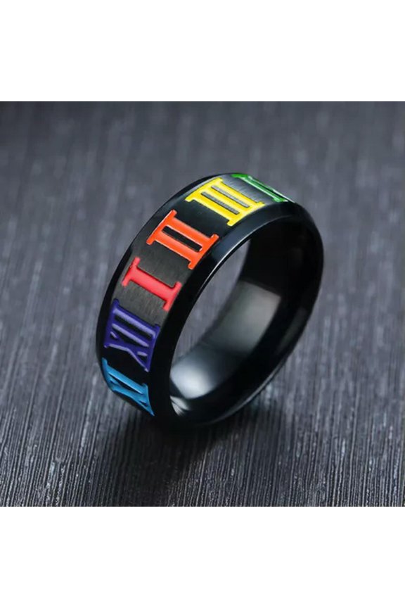 8mm Men'S Black Rainbow Roman Numeral Band Stainless Steel Ring Size 7-12