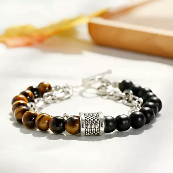 EOEMY 8mm Owl Buddha Beaded Natural Lava Stone Gold Silver Charm Fashion Men Bracelets-J003-2