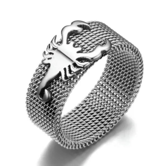 EOEMY 8mm Silver Scorpion Titanium Steel Mesh Belt Punk Band Men Gothic Ring Size 7-12