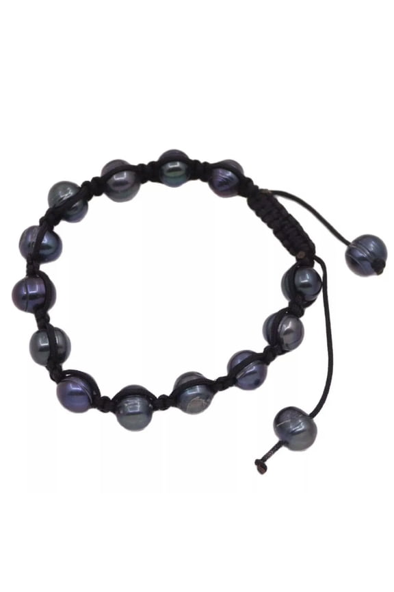 9-10mm Shambhala Genuine Black Pearl 7-9" Adjustable Black Bracelet