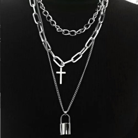 EOEMY 925 Silver Cross Lock Pendant 3 Layer Chain Necklace Women'S Men'S Jewelry-Silver