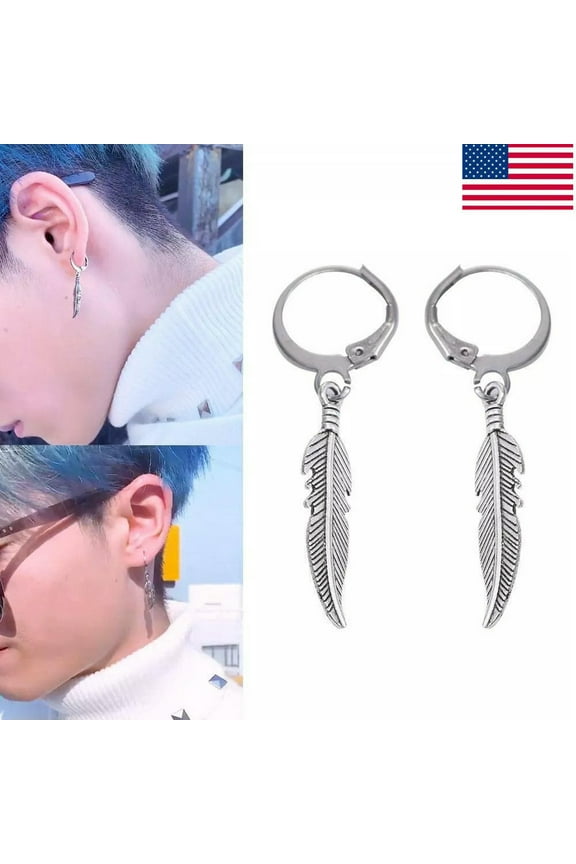 925 Silver Feather Pendant Hoop Earrings Jewelry Dangle Women Men Jewelry Us Hot