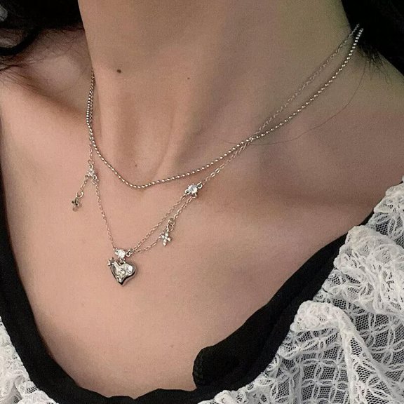 EOEMY 925 Silver Filled Star Cross Heart Pendant 2-Layer Chain Necklace Womens Choker