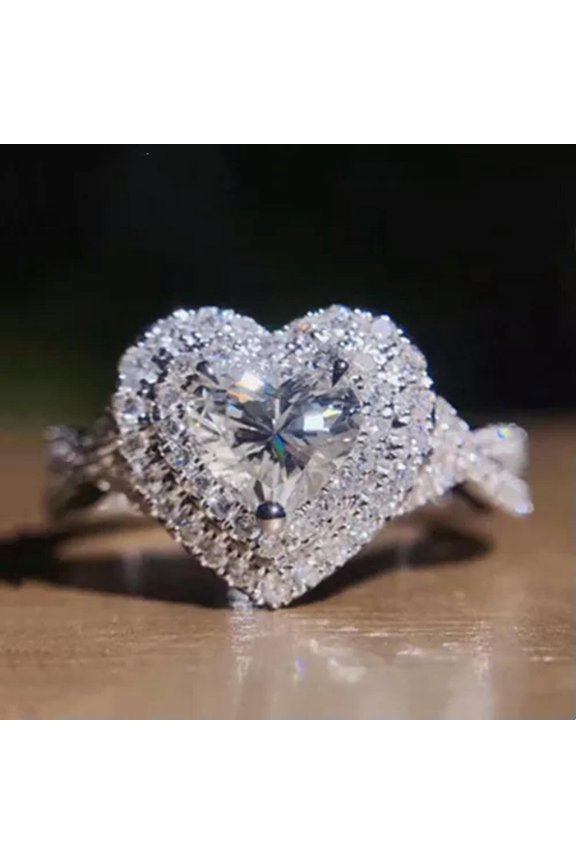 925 Silver Ring Women Creative Heart Shape Cubic Zircon Jewelry Sz 6-10
