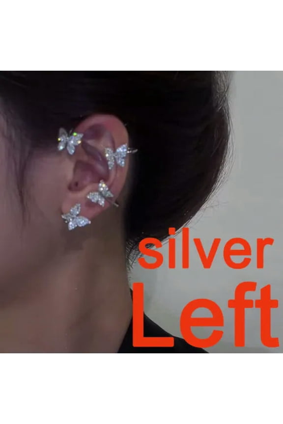 925 Silver Tassel Butterfly Earrings Ear Cuff Clip Non Piercing Women 1Pc-Butterfly 1-Silver Left