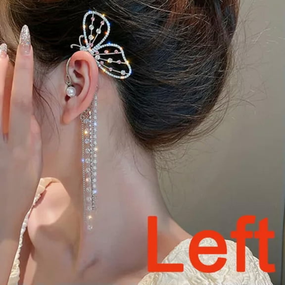 EOEMY 925 Silver Tassel Butterfly Earrings Ear Cuff Clip Non Piercing Women 1Pc-Butterfly 10-Left
