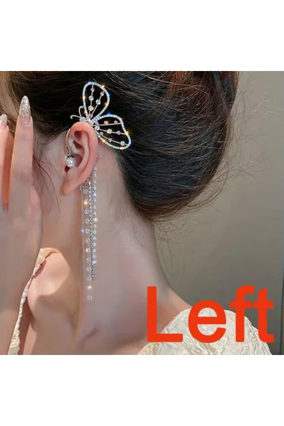 925 Silver Tassel Butterfly Earrings Ear Cuff Clip Non Piercing Women 1Pc-Butterfly 10-Left