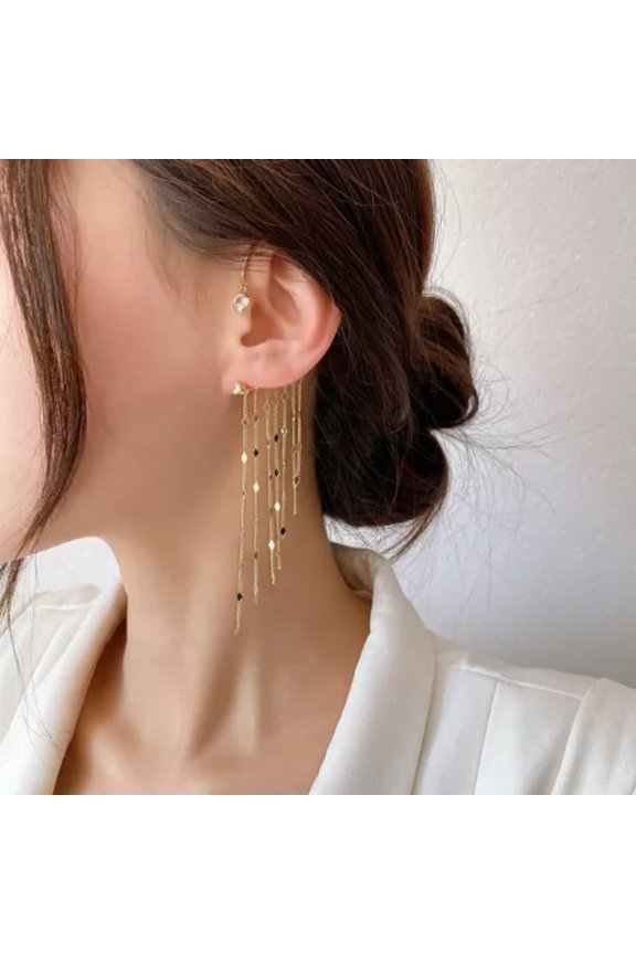 925 Silver Tassel Butterfly Earrings Ear Cuff Clip Non Piercing Women 1Pc-Gold-Left