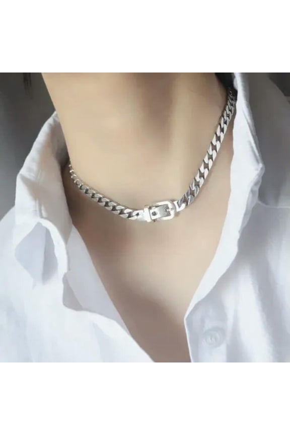925 Silver Vintage Belt Buckle Choker Necklace Trendy Cuban Link Chain