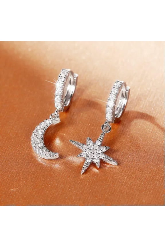 925 Silver Women Moon&Star Drop Earring Elegant Cubic Zircon Party Jewelry