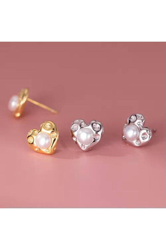 925 Silver Womens Love Heart Pearl Stud Earrings Piercing-Silver