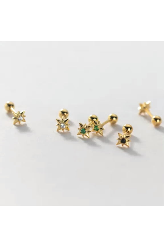 925 Sterling Silver 4mm Black/Clear/Green Crystal Star Stud Earrings-Silver-Clear