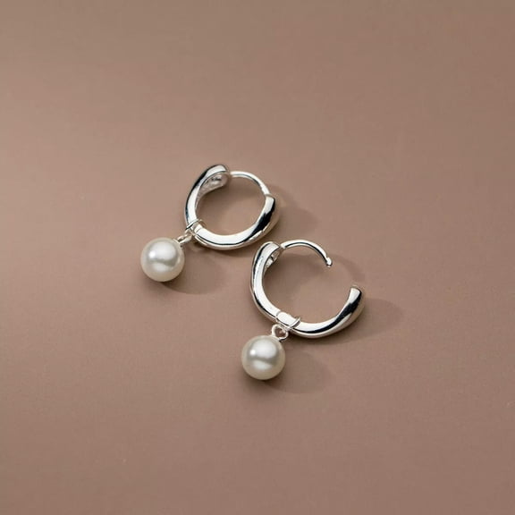 EOEMY 925 Sterling Silver 6mm Pearl Sleeper Hoop Earrings