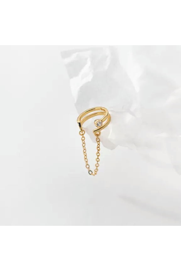 925 Sterling Silver Ball Stud & Ear Cuff With Trace Chain Earrings-Gold