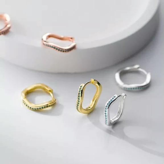 EOEMY 925 Sterling Silver Blue Zircon Pave Wave Hoop Pierced Earrings-Gold