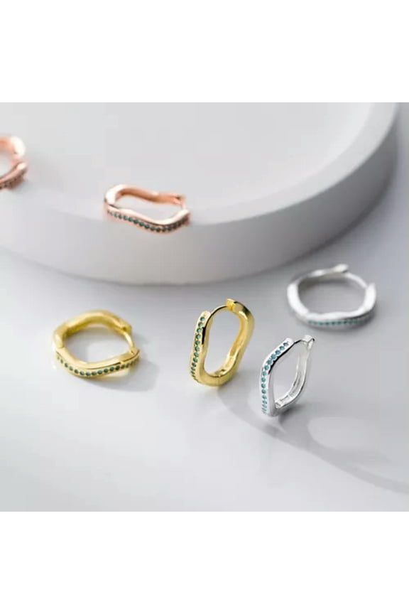 925 Sterling Silver Blue Zircon Pave Wave Hoop Pierced Earrings-Silver