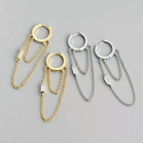 EOEMY 925 Sterling Silver Chain Drop Huggie Hoop Earrings, Round Hoop Earrings, Gift-Gold