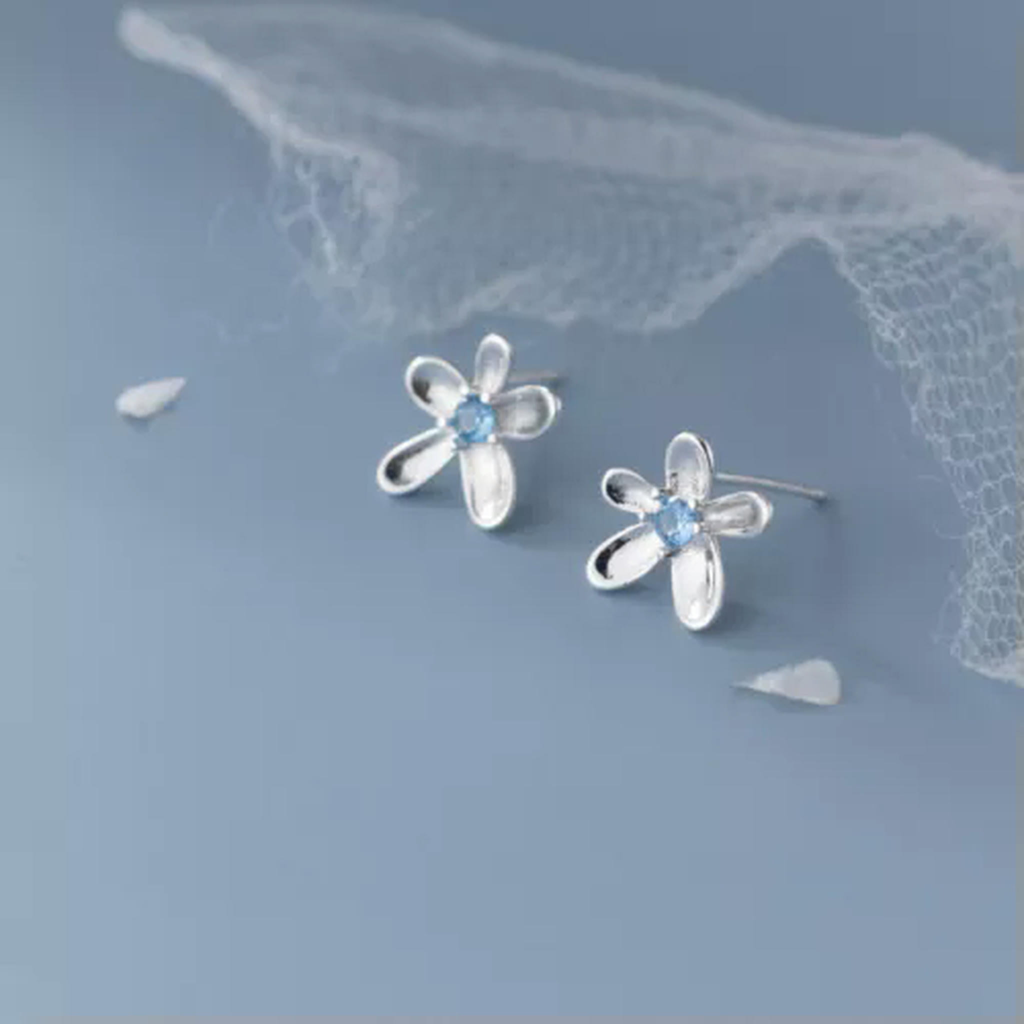 EOEMY 925 Sterling Silver Clear/Blue Flower Stud Earrings Xflowers Studs Garden-Blue