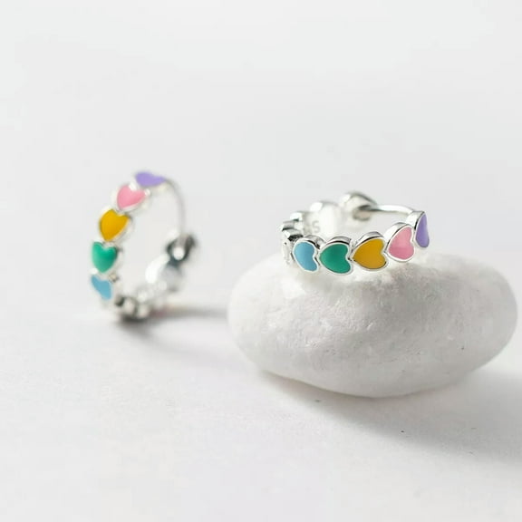 EOEMY 925 Sterling Silver Color Hearts 12mm Hoop Sleeper Earrings