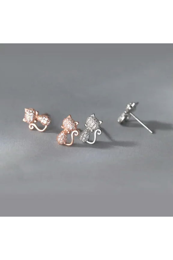 925 Sterling Silver Crystal Cat Stud Earrings Studs-Rose Gold