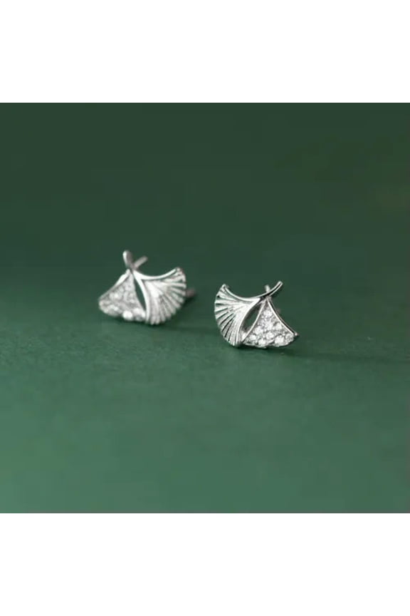 925 Sterling Silver Crystal Ginkgo Leaves Stud Earrings-Silver