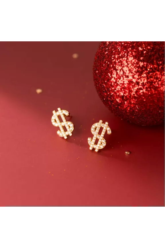 925 Sterling Silver Crystal Money Logo Stud Earrings-Gold