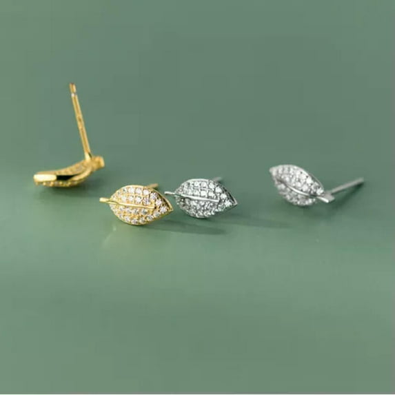 EOEMY 925 Sterling Silver Crystal Pave Leaves Stud Earrings-Silver
