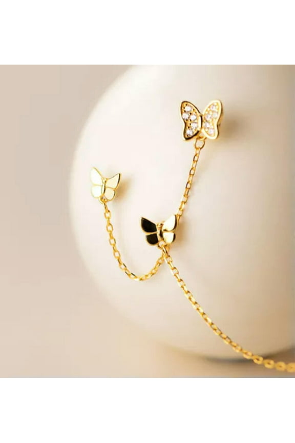 925 Sterling Silver Double Ear Hole Cubic Zircon Butterfly Stud Earrings Chain-Silver