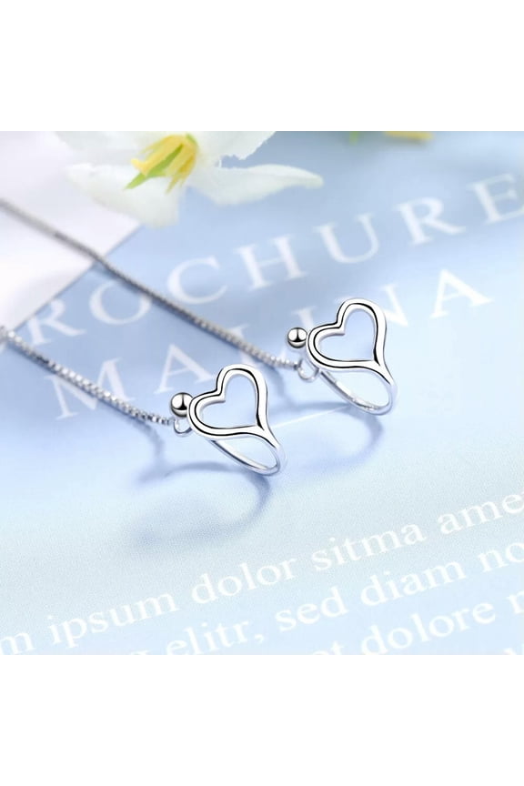925 Sterling Silver Heart Clip On Earring Ear Cuff No Piercing Wtih Chain